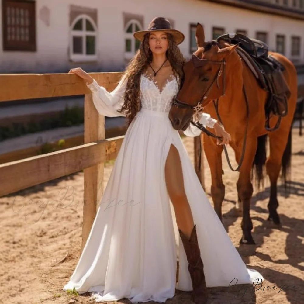 Extended Sleeve V-Neck Lace Bridal Dress weddingdress-250223