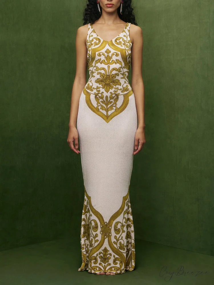 Extraordinary Elegance Symmetrical Unique Graceful Print Stretch Fishtail Maxi Dress