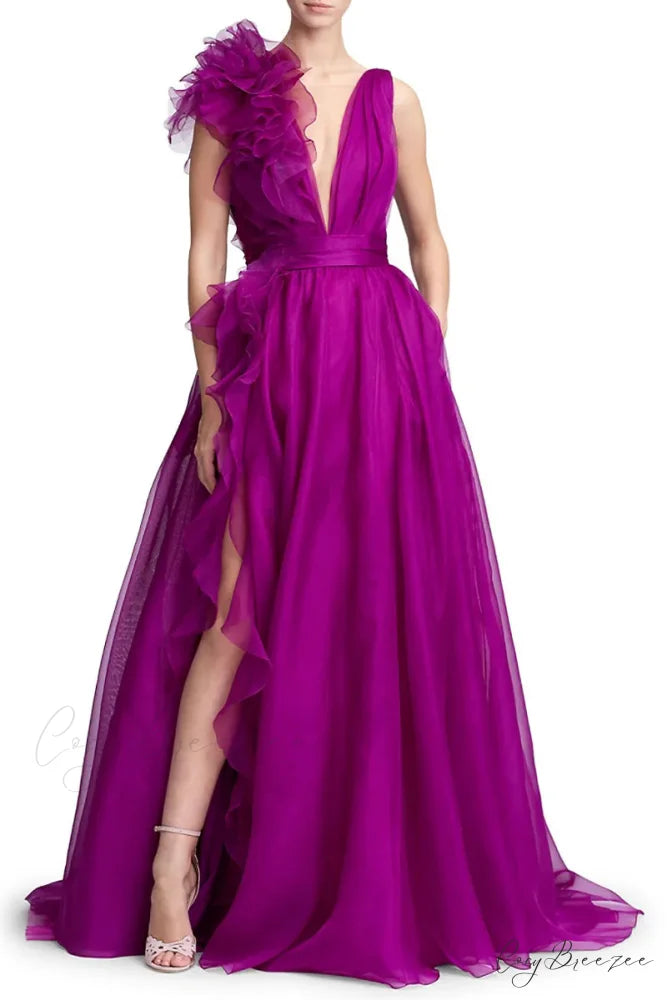 Extravagance Purple Graceful Ruffled Evening Dress