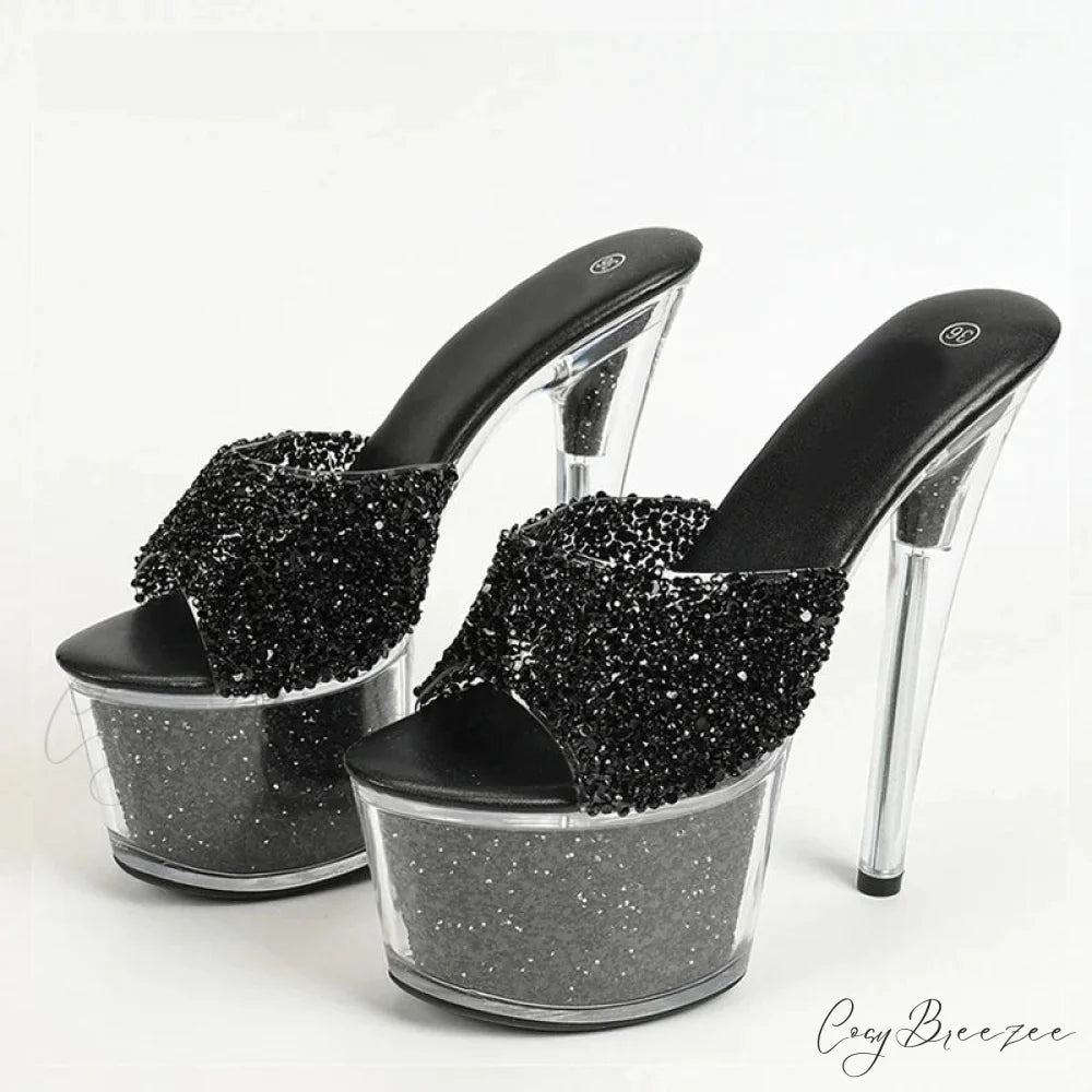 Extreme 17CM Pole-Dance Sequined Transparent Platform Peep-Toe Sexy Slipper Stripper High Heel Black / 34