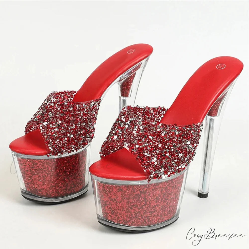 Extreme 17CM Pole-Dance Sequined Transparent Platform Peep-Toe Sexy Slipper Stripper High Heel Red / 34