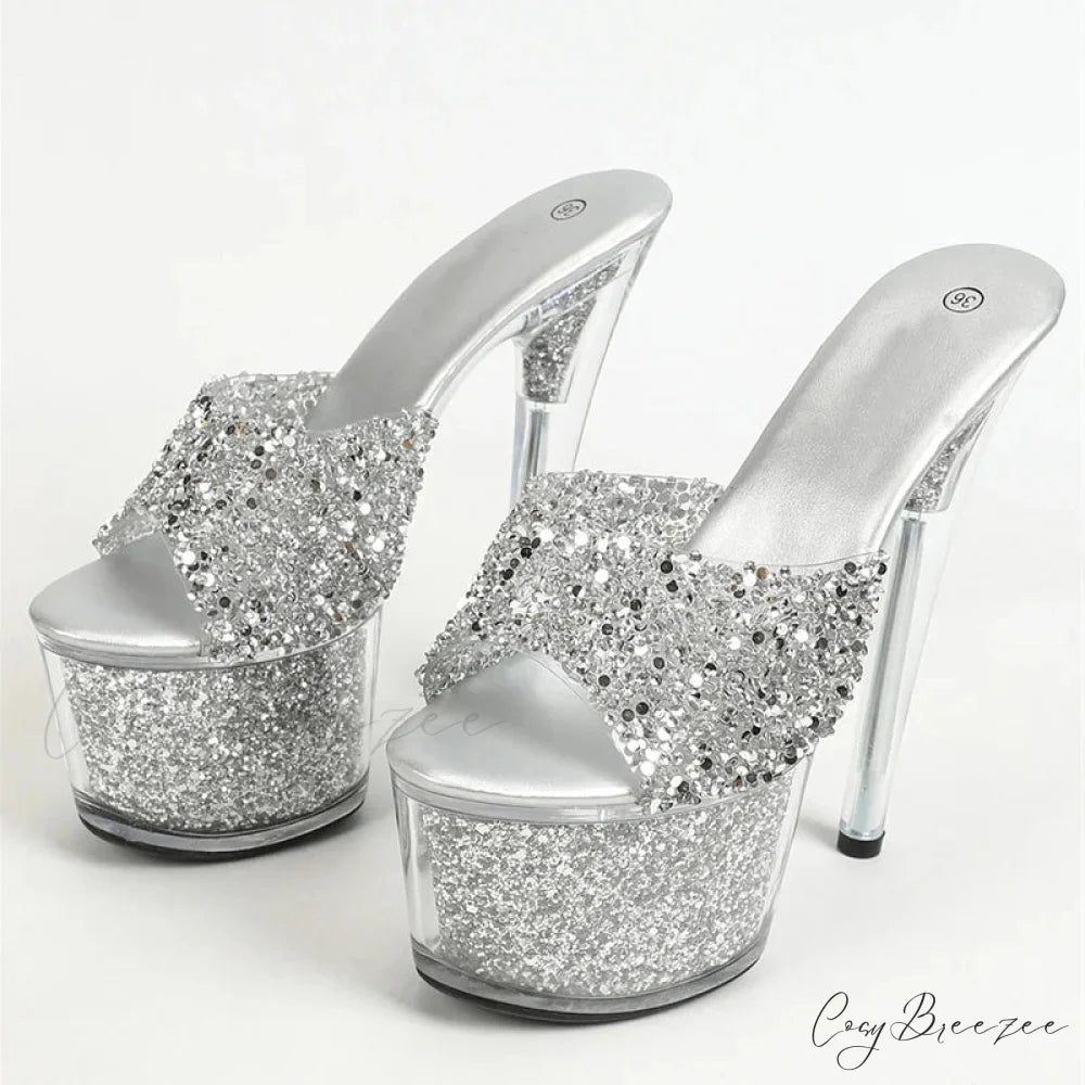 Extreme 17CM Pole-Dance Sequined Transparent Platform Peep-Toe Sexy Slipper Stripper High Heel Silver / 34