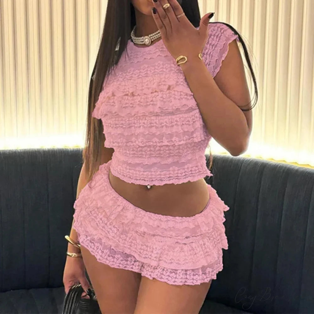 Fairy Coquette Lace Layered Tank + Mini Cake Shorts Set Pink / S twopiecesset-250126