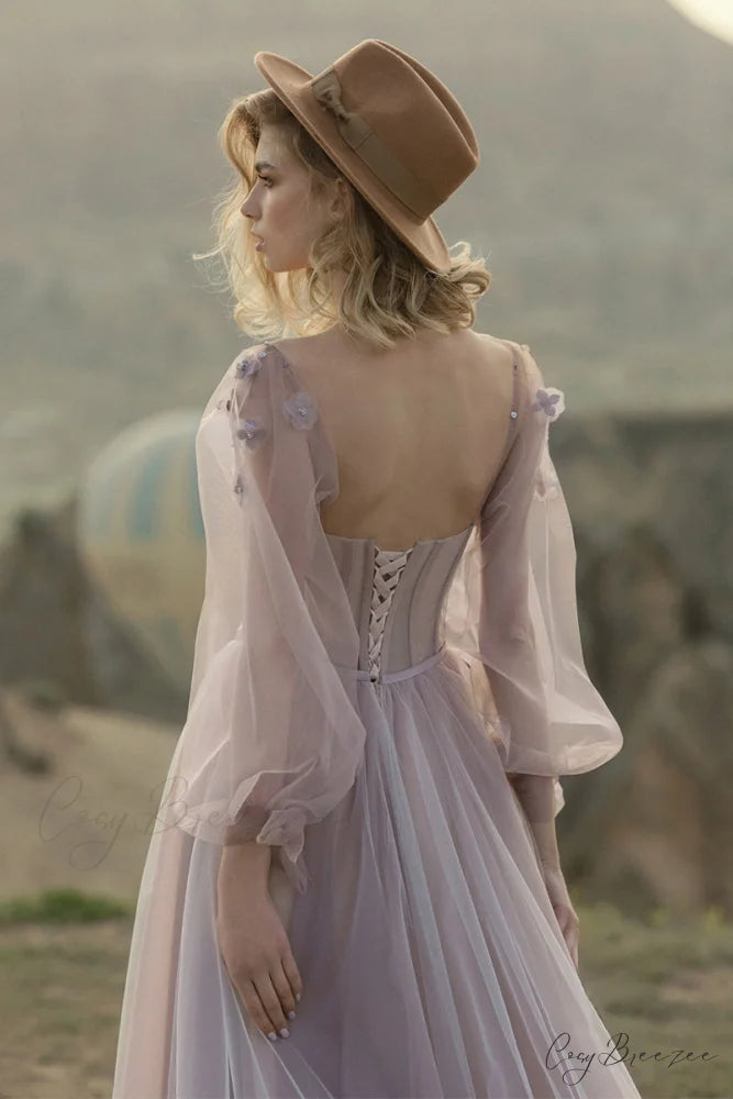 Fairy Tale Lilac Long Modern Sleeve Tulle Maxi Dress
