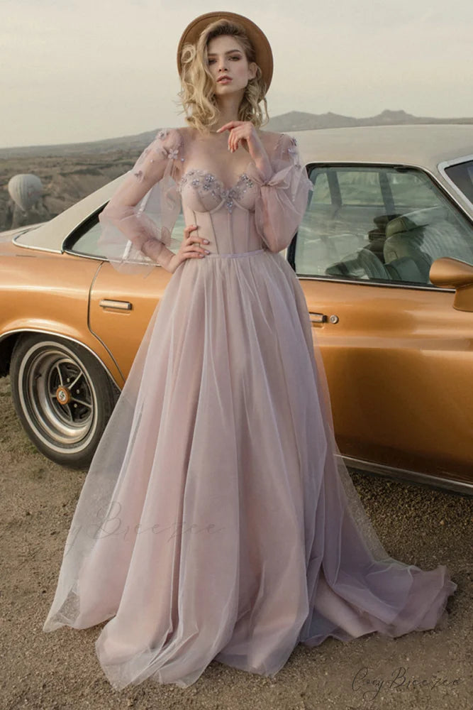 Fairy Tale Lilac Long Modern Sleeve Tulle Maxi Dress Lilac / 2