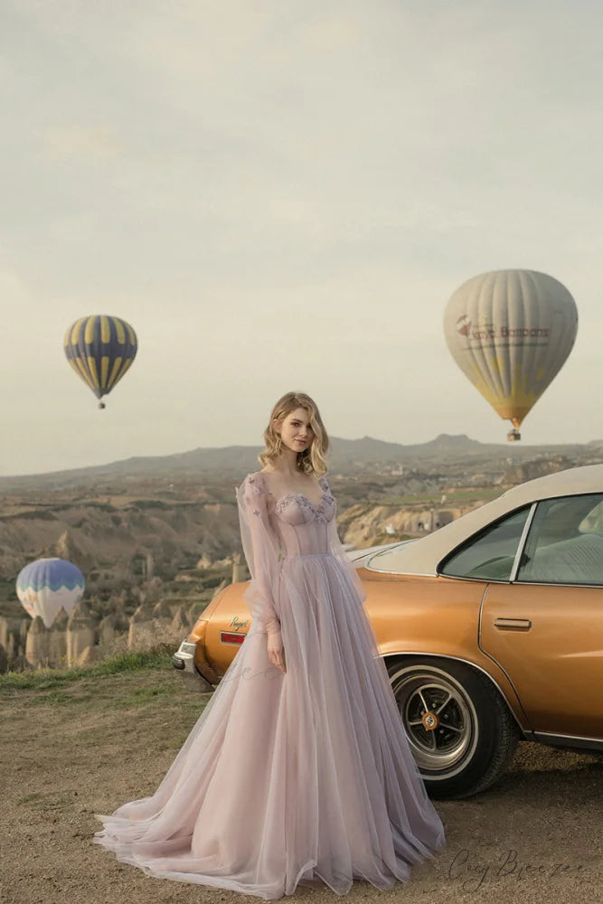 Fairy Tale Lilac Long Modern Sleeve Tulle Maxi Dress