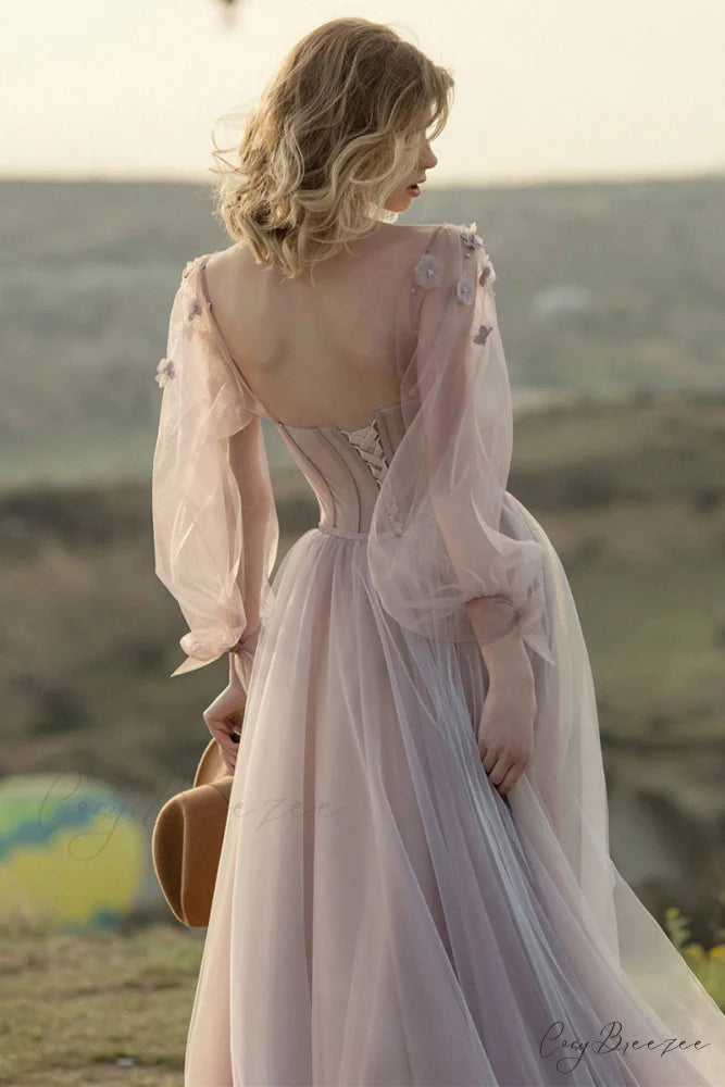 Fairy Tale Lilac Long Modern Sleeve Tulle Maxi Dress