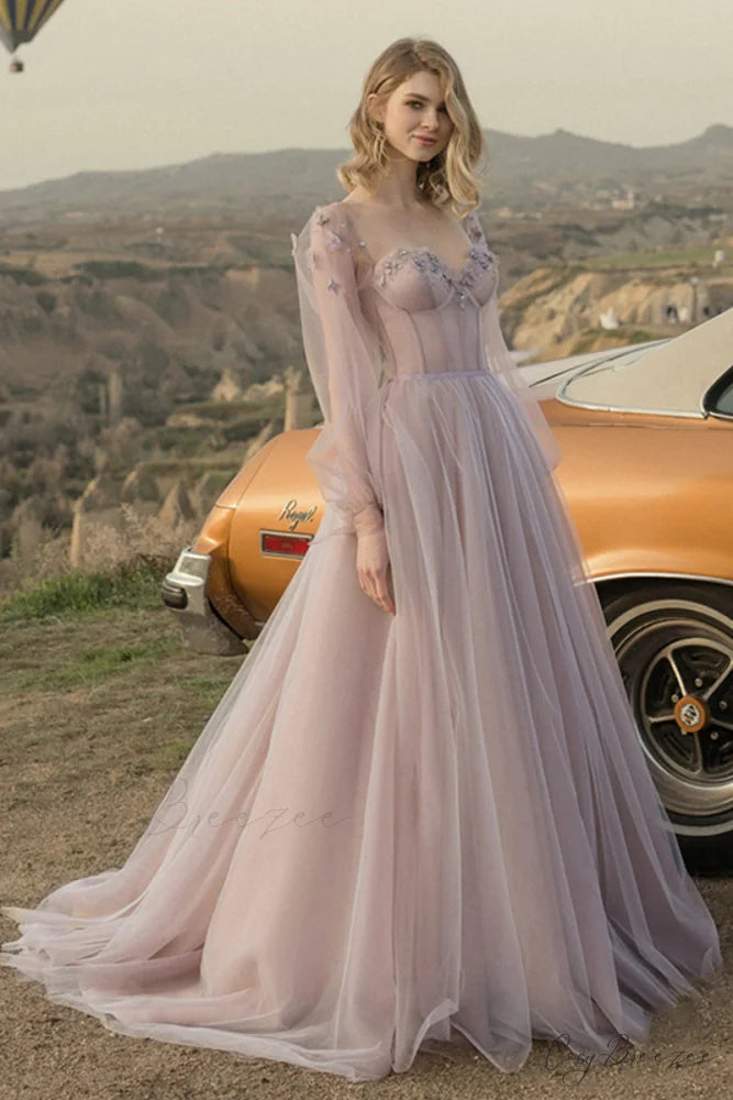 Fairy Tale Lilac Long Modern Sleeve Tulle Maxi Dress