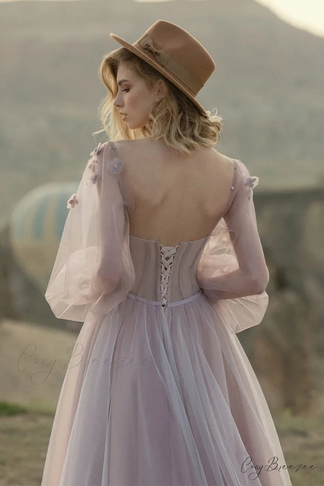 Fairy Tale Lilac Long Modern Sleeve Tulle Maxi Dress