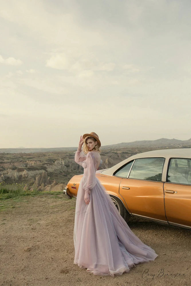 Fairy Tale Lilac Long Modern Sleeve Tulle Maxi Dress