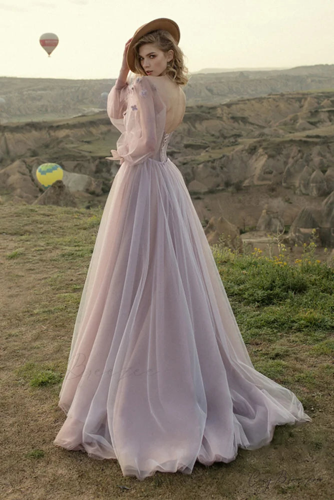 Fairy Tale Lilac Long Modern Sleeve Tulle Maxi Dress