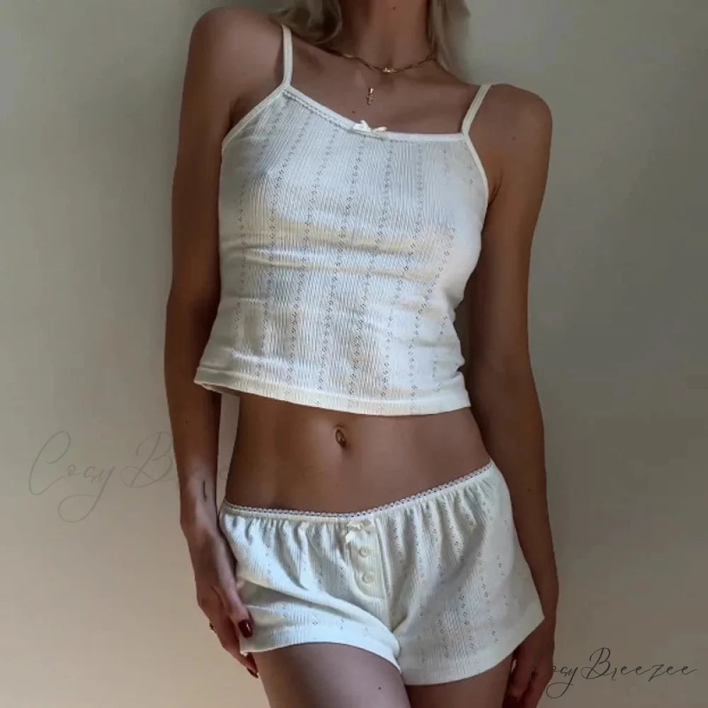 Fairycore Comfy Pajama Set Kawaii Bow Camis + Shorts WHITE5 / S twopiecesset-250126