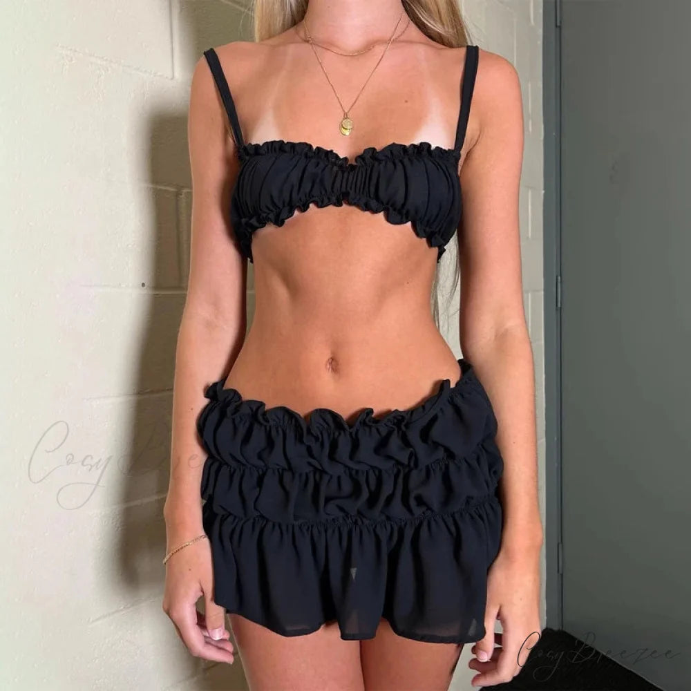 Fairycore Frills Spaghetti Cami Crop Tops + Ruched Mini Skirt Black / S twopiecesset-250126