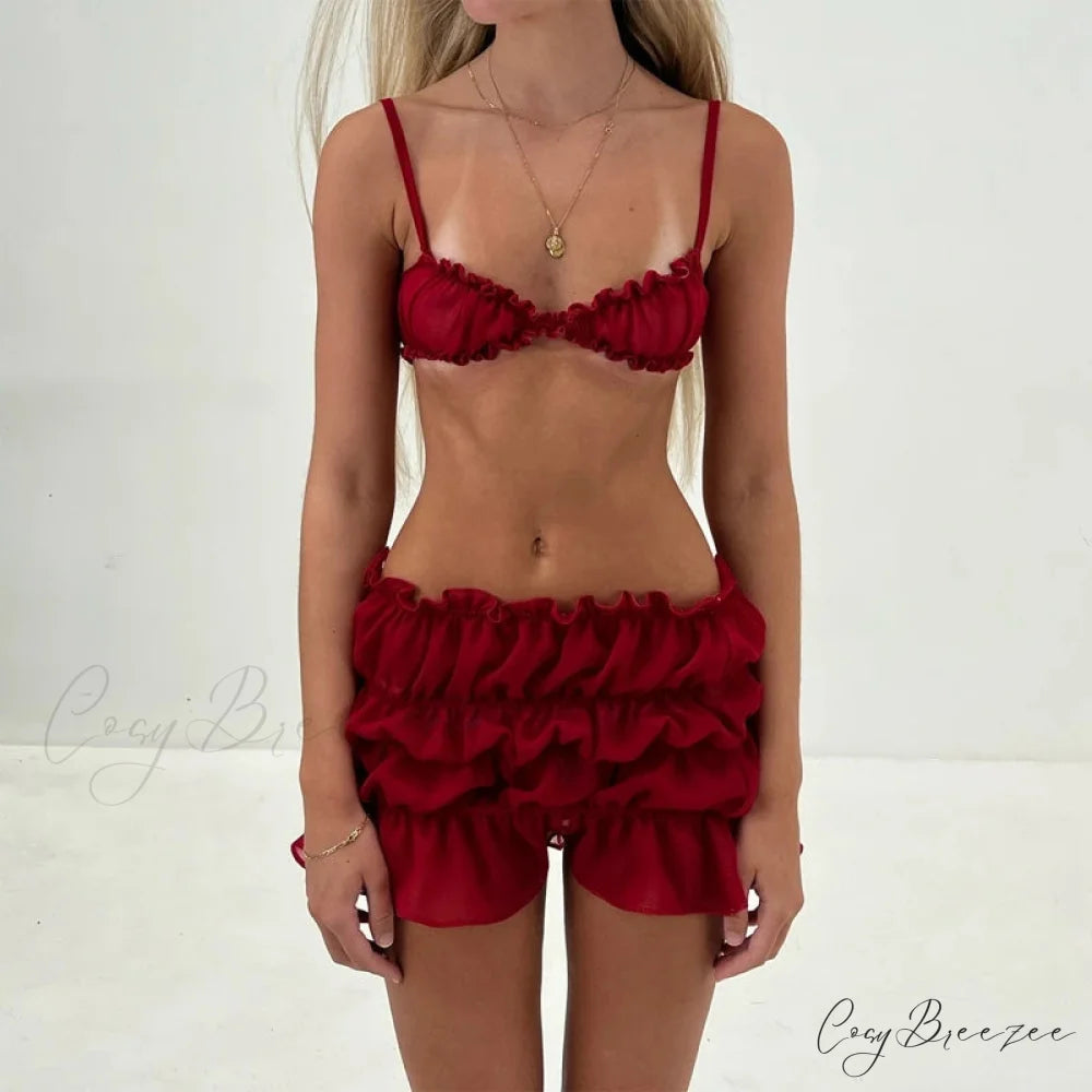Fairycore Frills Spaghetti Cami Crop Tops + Ruched Mini Skirt Red / S twopiecesset-250126