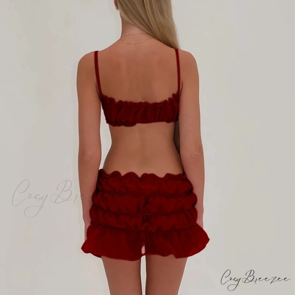 Fairycore Frills Spaghetti Cami Crop Tops + Ruched Mini Skirt twopiecesset-250126