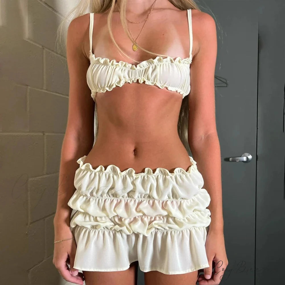 Fairycore Frills Spaghetti Cami Crop Tops + Ruched Mini Skirt WHITE / S twopiecesset-250126