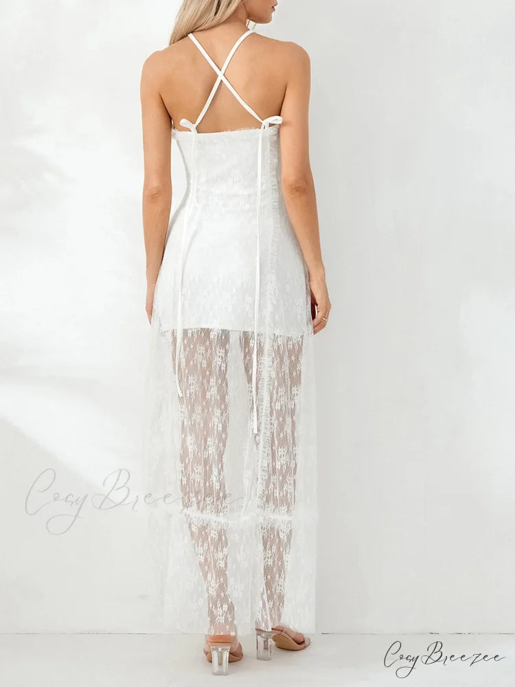 Fairycore Retro White Lace Backless Halter Tube Dress floraldress-250126