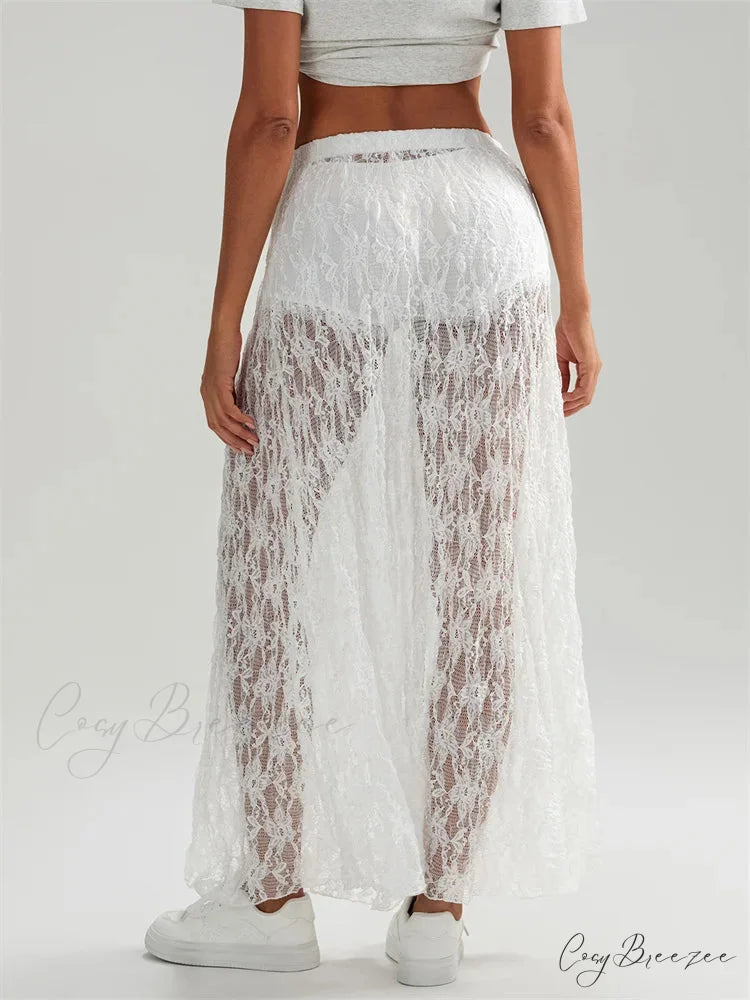 Fall Long Maxi Skirt Elastic Waist Lace Floral Casual Skirt skirt-250126