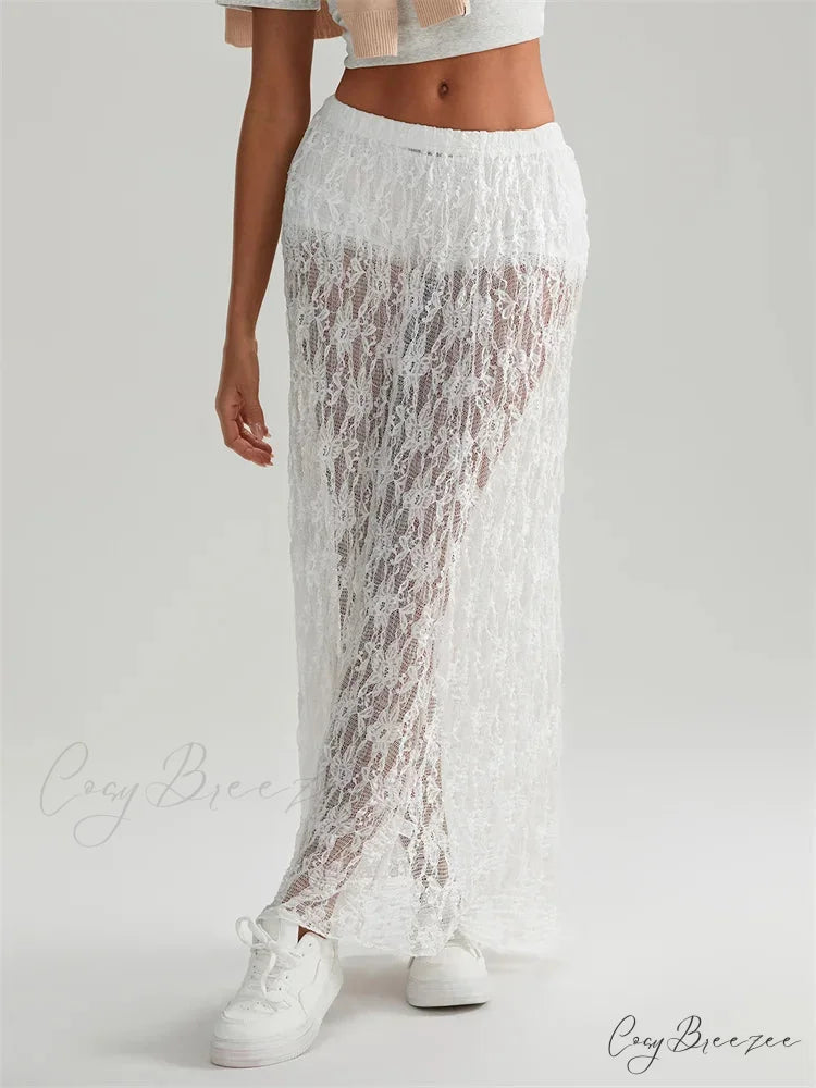 Fall Long Maxi Skirt Elastic Waist Lace Floral Casual Skirt skirt-250126