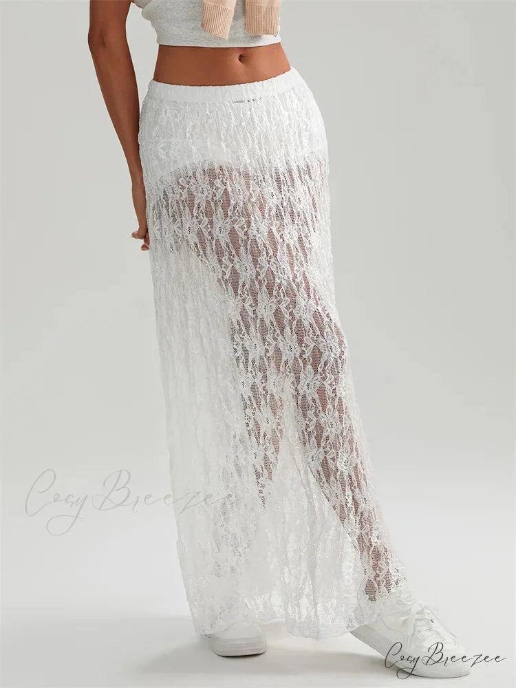 Fall Long Maxi Skirt Elastic Waist Lace Floral Casual Skirt skirt-250126