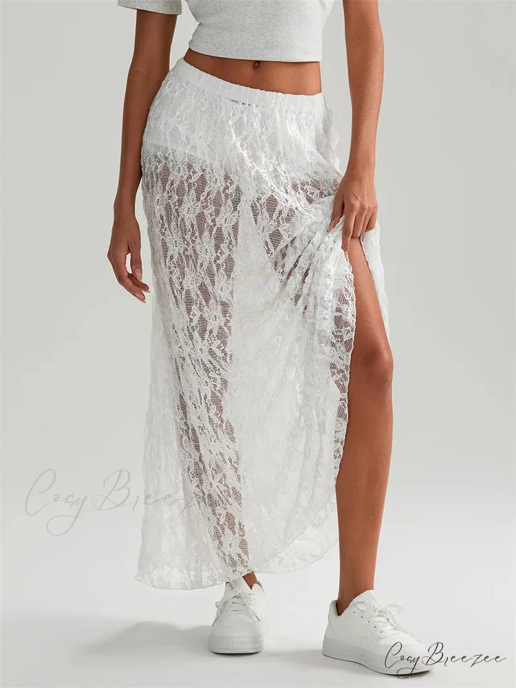 Fall Long Maxi Skirt Elastic Waist Lace Floral Casual Skirt skirt-250126