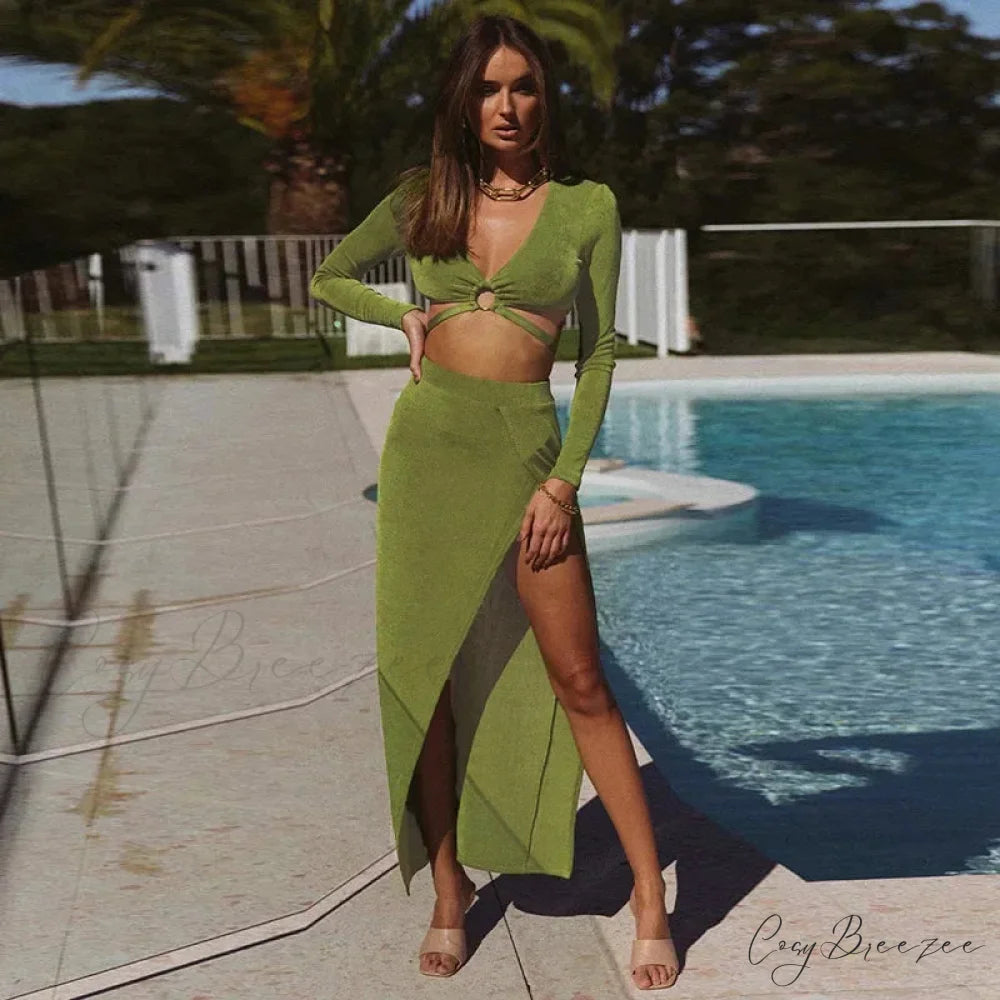 Fall Long Sleeve Bandage Sets Fashion Elegant Matching Midi Dress Green / S