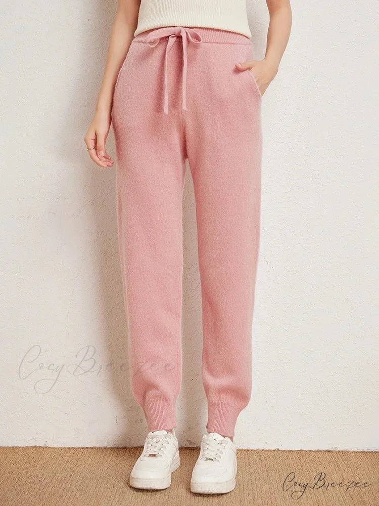 Fall New Solid Wide Pit Stripe Casual Knitted Wide-Legged Streetwear Pants Pink / M