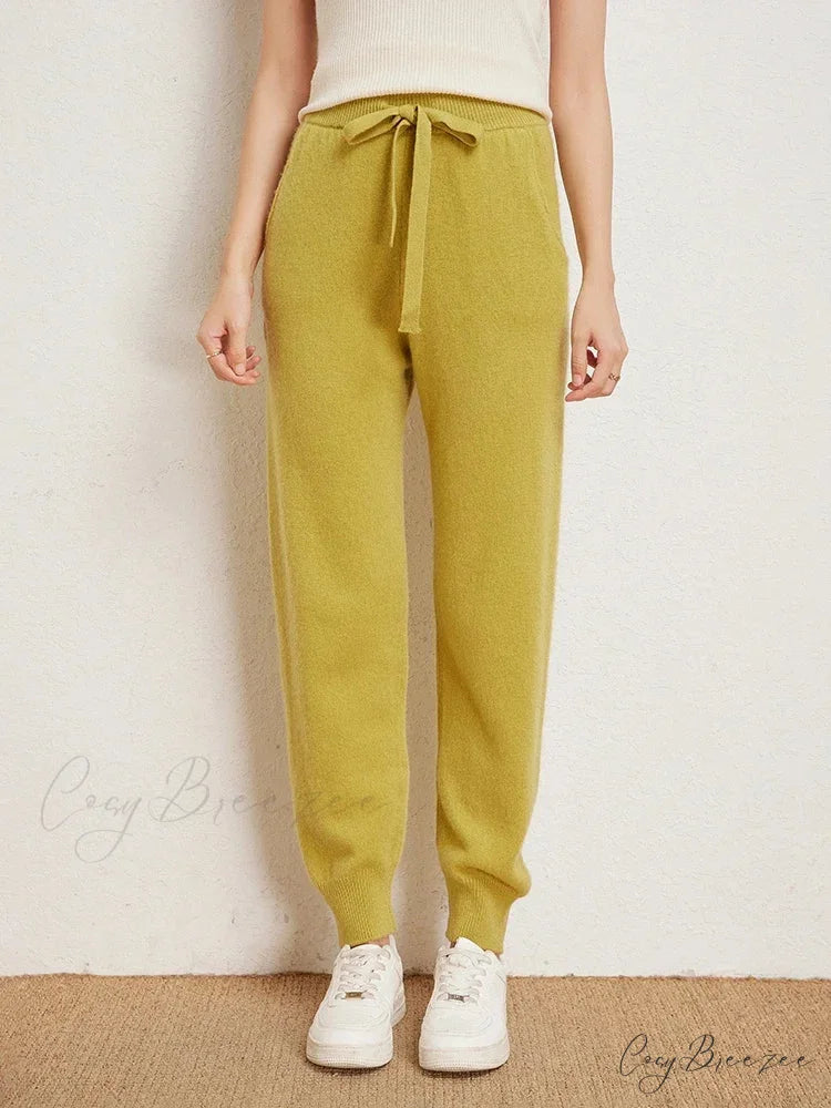 Fall New Solid Wide Pit Stripe Casual Knitted Wide-Legged Streetwear Pants Yellow / M