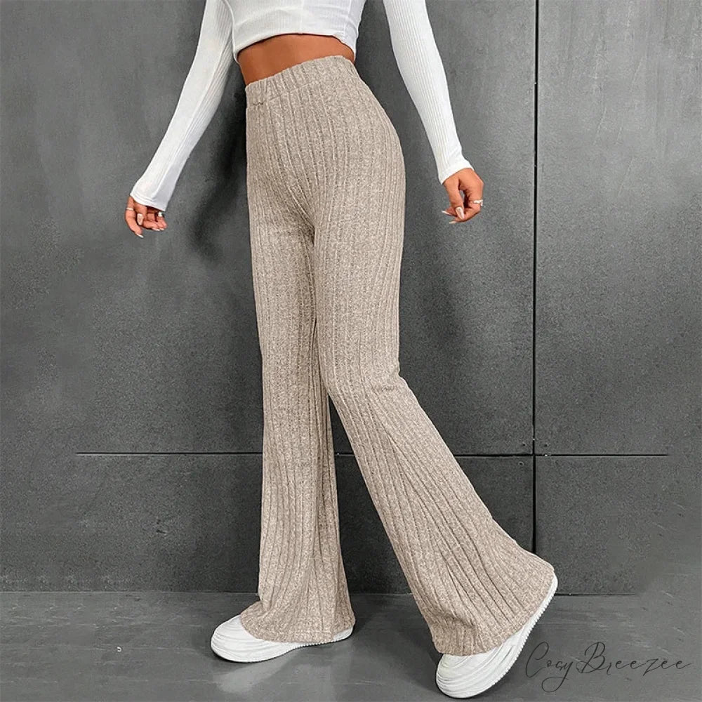 Fall New Solid Wide Pit Stripe Casual Knitted Warm Streetwear Pants Khaki / S