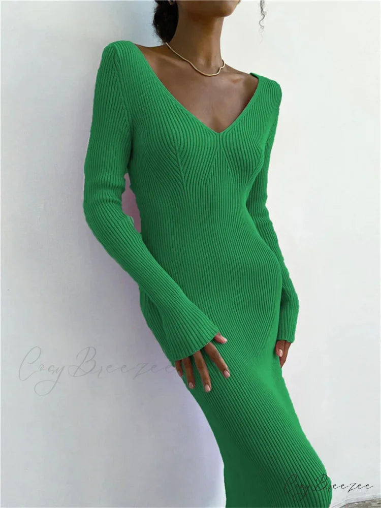Fall Winter Knit Rib Long Sleeve V Neck Backless Midi Dress Green / S