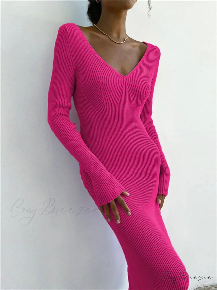 Fall Winter Knit Rib Long Sleeve V Neck Backless Midi Dress Rose Red / S