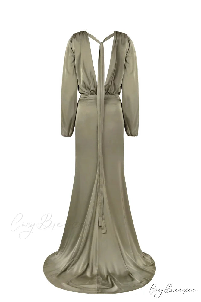 Fancy Olive Silk Charming Maxi Evening Dress