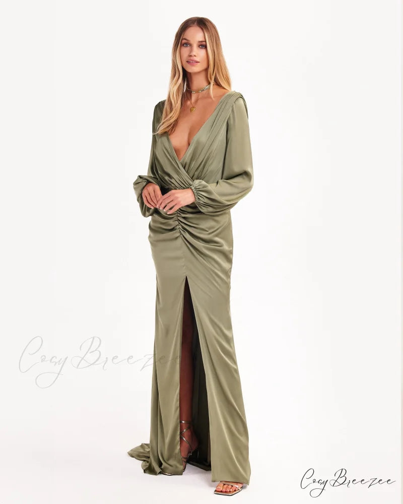 Fancy Olive Silk Charming Maxi Evening Dress