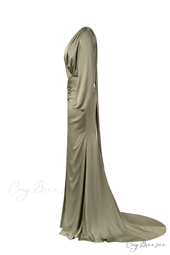 Fancy Olive Silk Charming Maxi Evening Dress