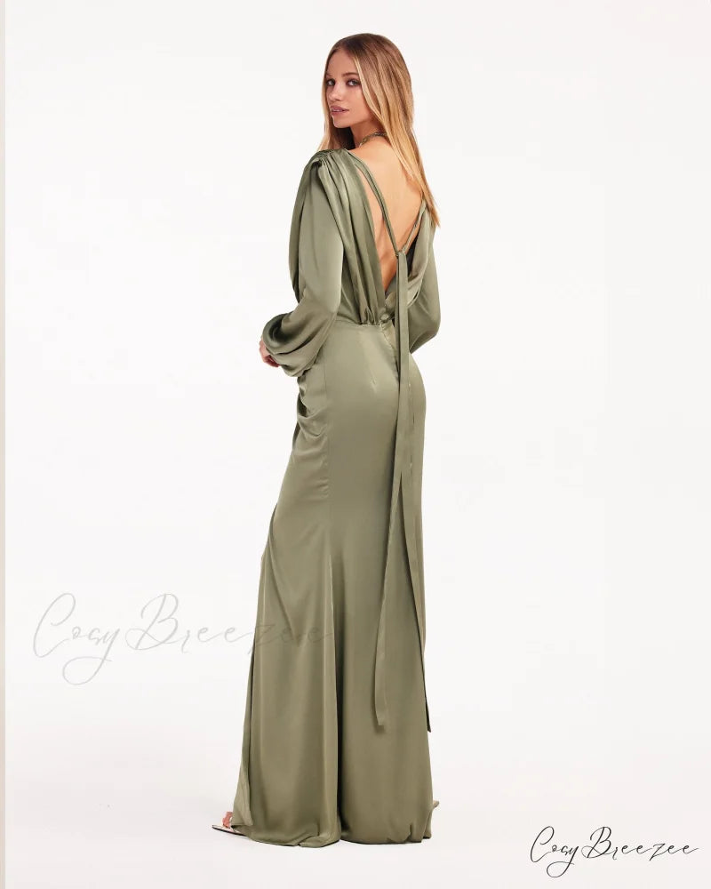 Fancy Olive Silk Charming Maxi Evening Dress
