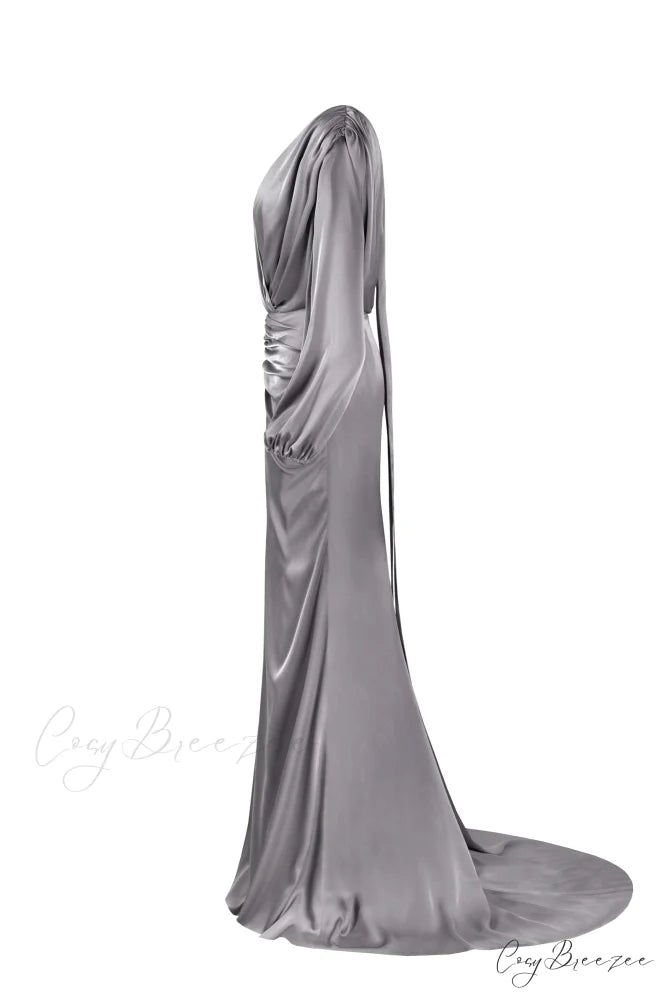 Fancy Silver Silk Charming Maxi Evening Dress