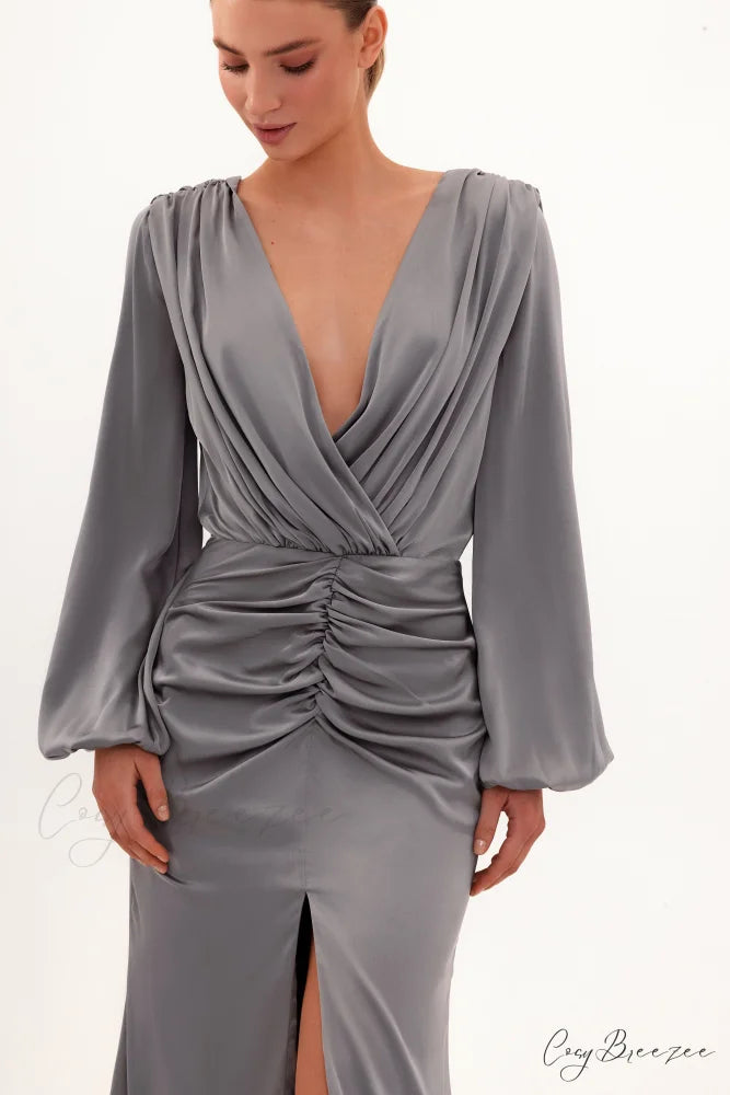 Fancy Silver Silk Charming Maxi Evening Dress