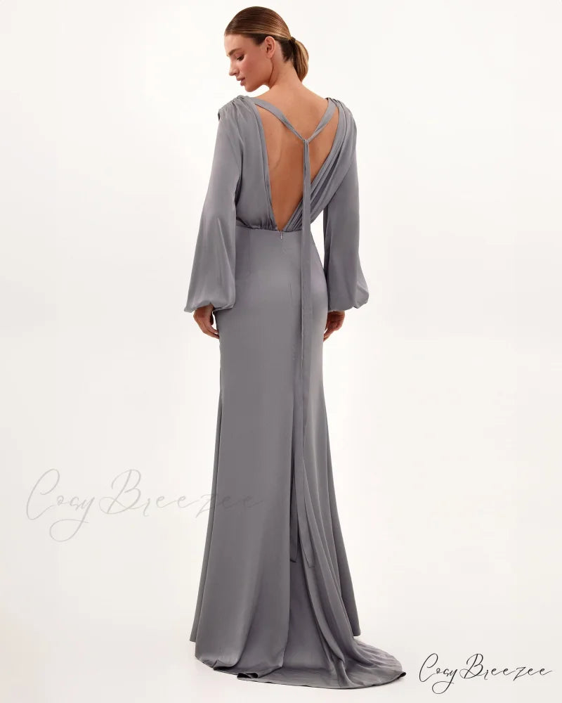 Fancy Silver Silk Charming Maxi Evening Dress