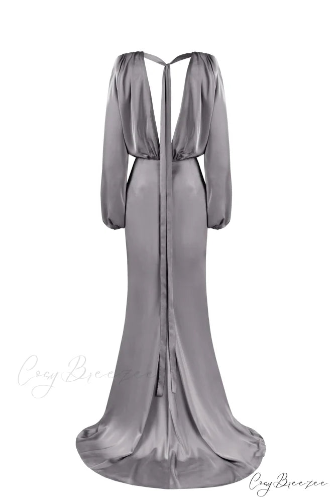 Fancy Silver Silk Charming Maxi Evening Dress