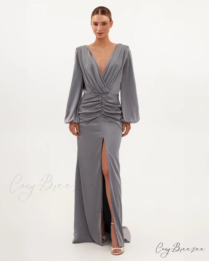 Fancy Silver Silk Charming Maxi Evening Dress