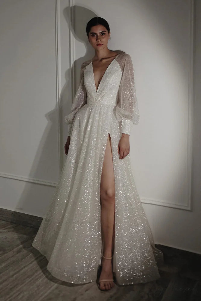 Farrah Sparkly Long Trendy Sleeve Maxi Dress Ivory / 2