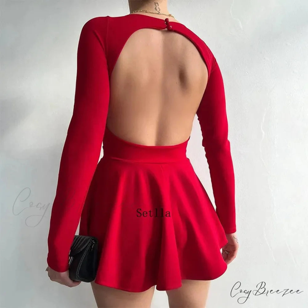 Fashion Backless V Neck A-Line Mini Dress