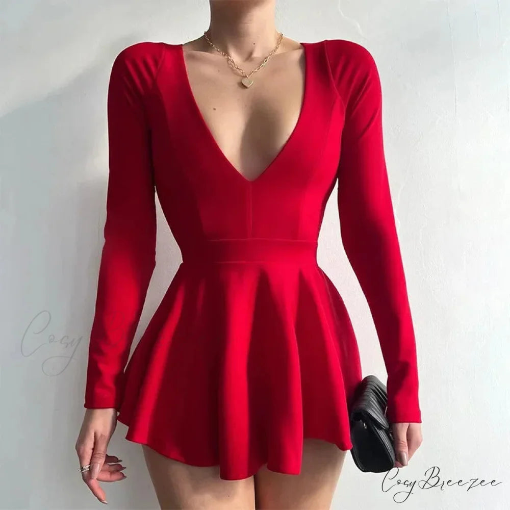 Fashion Backless V Neck A-Line Mini Dress Red / S