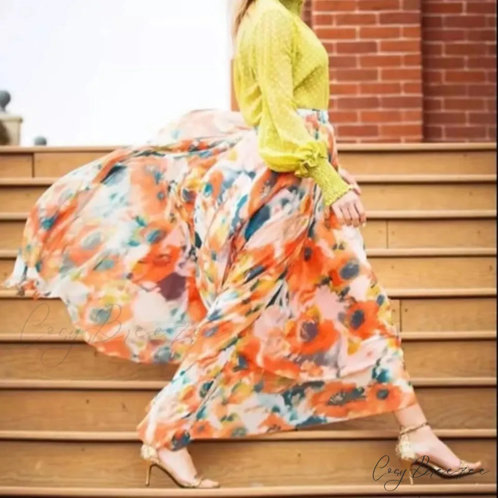 Fashion Boho Chiffon Floral Long High Waist Pleated Skirt A / S skirt-250126
