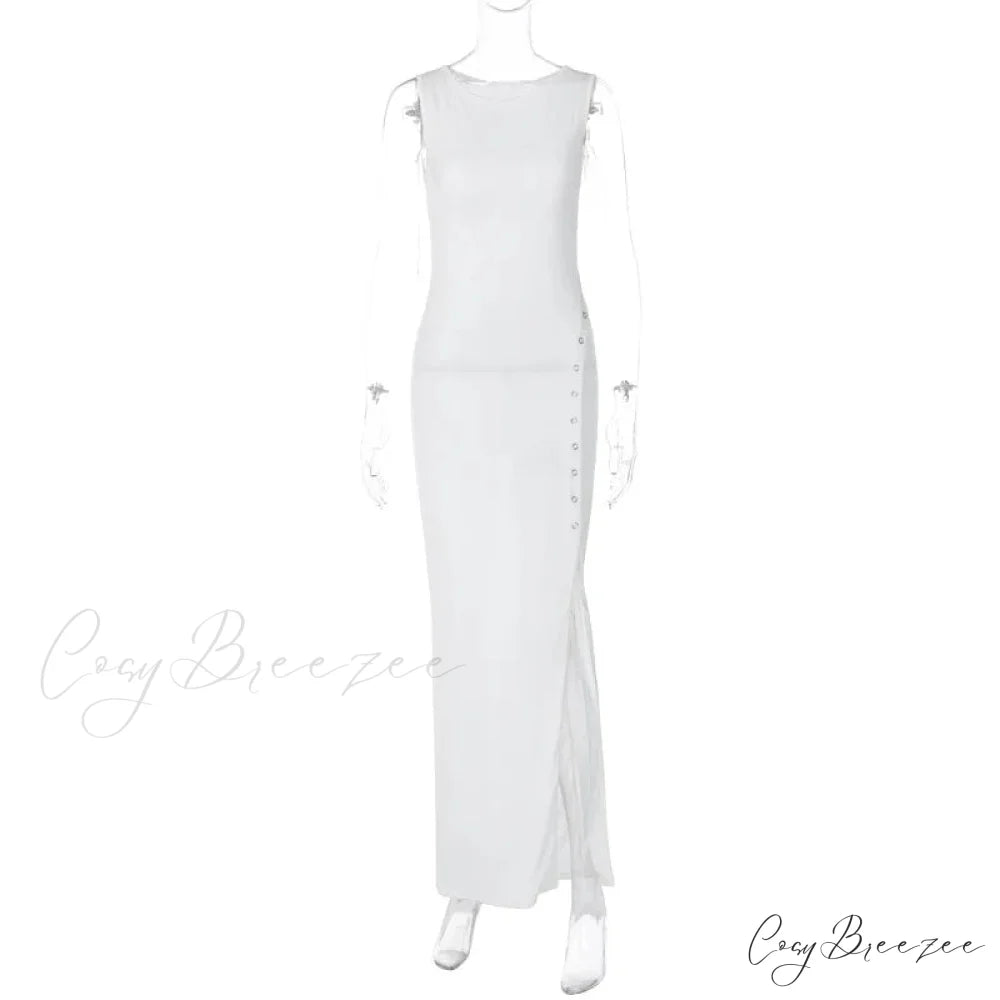 Fashion Button Knitted Sleeveless Slit Summer Elegant Solid Vestido Midi Dress