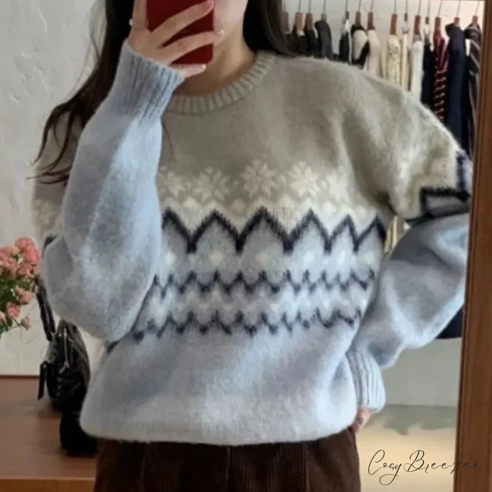 Fashion Casual Print Long Sleeve Sweater Blue / One Size swraters-241228