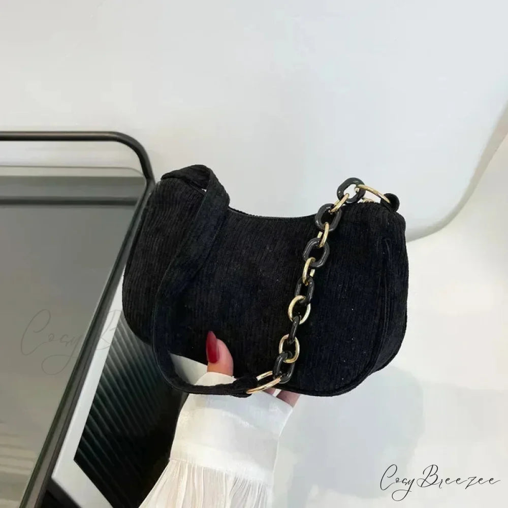 Fashion Corduroy Zipper Underarm Bag Black shoulder-250126