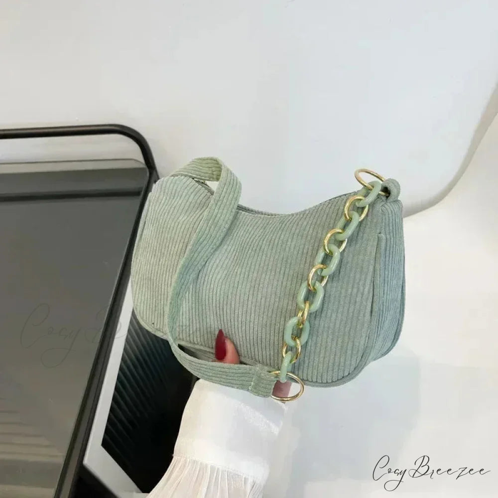 Fashion Corduroy Zipper Underarm Bag Green shoulder-250126