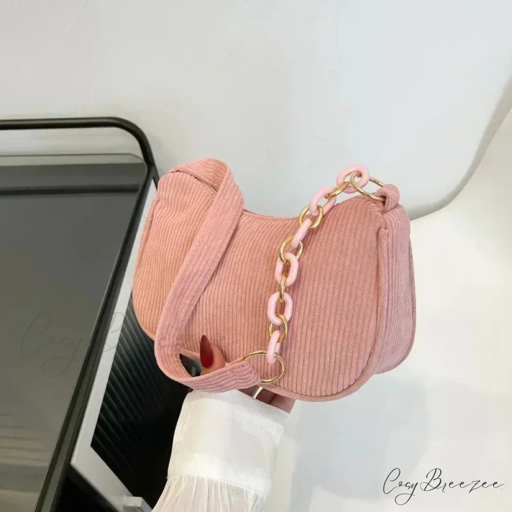Fashion Corduroy Zipper Underarm Bag Pink shoulder-250126