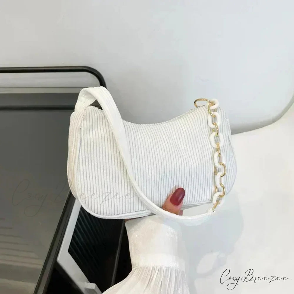 Fashion Corduroy Zipper Underarm Bag White shoulder-250126